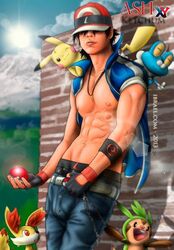 2boys abs aged_up ambiguous_gender artist_request ash_ketchum bara chespin fennekin feral froakie furry human_only larger_male looking_at_viewer male male_only nintendo pikachu poke_ball pokemon pokemon_(species) pokemon_rgby pokemon_xy pose satoshi_(pokemon) size_difference smaller_male source_request text underwear url watermark