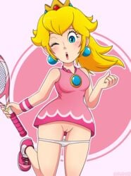 1girls bare_shoulders blonde_hair blue_eyes blush bottomless breasts brooch crown dress earrings female female_only half_naked half_nude human human_only instastruckt light-skinned_female light_skin lips lipstick looking_down mario_(series) mario_tennis minidress miniskirt nintendo one_eye_closed open_mouth pale-skinned_female pale_skin panties_down pearl_earrings ponytail princess_peach pussy shoes simple_background solo tennis_dress tennis_racket tennis_shoes thick thick_thighs thighs tied_hair wardrobe_malfunction white_panties wide_hips