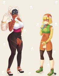 2futas arms_(game) balls big_balls big_breasts big_butt big_penis blonde_hair bracelet breasts circumcised clothed dark-skinned_futanari dark_skin fanart flaccid foreskin frottage futa_only futanari green_eyes hand_on_hip hand_on_penis high_heels huge_balls huge_cock large_breasts mask min_min_(arms) nintendo penis penis_size_difference simple_background smile standing sweat symmetry taylormoon testicles tight_clothing turquoise_eyes twintails twintelle uncut white_hair wide_hips