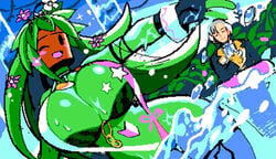 big_breasts blaster_master blaster_master_zero blaster_master_zero_2 flora_fauna green_hair green_skin kanna_(blaster_master) mob_face official_art plantie watermelon watermelon_bra watermelon_nets