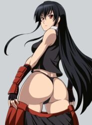 1girl 1girls 2020 2d 2d_(artwork) akame_(akame_ga_kill!) akame_ga_kill! armor ass ass_cleavage ass_focus assassin black_hair black_panties black_thong cameltoe clothing female female_only fingerless_gloves gloves human human_female human_only kuudere light-skinned_female light_skin long_hair looking_at_viewer looking_back looking_back_at_viewer mostly_clothed no_sex panties plump_ass presenting presenting_ass presenting_hindquarters realistic_proportions red_eyes simple_background skirt skirt_down solo solo_female straight_hair thighs thong