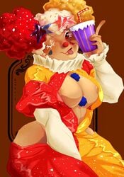 ;p big_breasts blonde_hair breasts busty cleavage clown_makeup cookie_run curly_hair detailed female popcorn_cookie red_eyes red_hair solo sunnyscribble_(artist) tan_skin tight_clothing tongue_out winking