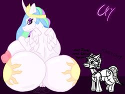 4:3 anthro areola ass big_breasts big_butt bodily_fluids breasts crown dialogue digital_media_(artwork) equid equine female friendship_is_magic genital_fluids genitals hi_res huge_breasts huge_butt hyper hyper_breasts mammal my_little_pony nipples princess_celestia_(mlp) pussy pussy_juice vileposs_joey_(artist)