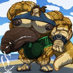 1:1 anthro balls beach big_balls big_muscles big_penis bobert bodily_fluids clock clothing cloud cum day ejaculation erection eyewear genital_fluids genitals hairy_armpits hi_res huge_balls huge_cock huge_muscles hyper hyper_balls hyper_genitalia hyper_muscles hyper_penis lutrine male male_only mammal muscles muscular mustelid nipples penis sandals sea seaside shirt sky smile steve_(bobert) sunglasses topwear underwear vein veiny_penis watch water wristwatch