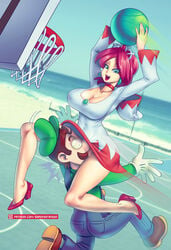 1boy 1girls accidental_exposure alternate_version_available ass basketball basketball_court basketball_hoop beach big_breasts breasts brooch brown_hair cap choker cleavage clothed clothing collar duo earrings eyebrows_visible_through_hair eyes_visible_through_hair facesitting female final_fantasy gloves green_eyes heels highres hood hood_down human human_only large_breasts light-skinned_female light-skinned_male light_skin lips lipstick long_sleeves looking_down luigi male marine mario_(series) mario_hoops_3_on_3 mustache nintendo open_mouth overalls pale-skinned_female pink_hair shirt shoes short_hair smile supersatanson thick thick_thighs thighs tiara upper_teeth white_mage white_mage_(mario) wide_hips