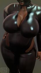 1girls big_breasts bodysuit breasts chubby cleavage dark-skinned_female dark_skin female female_only hgl0796 large_breasts latex mask solo thick_thighs wide_hips