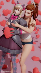 <3 2girls 3d 4k black_cat_d.va blonde_hair bow bowtie breast_grab breast_squeeze breasts brigitte cat_ears clothed d.va from_behind gloves heart high_resolution highres necklace overwatch ponytail red_hair skirt smile smiling stockings tattoo thesmutcollector twintails valentine's_day yuri