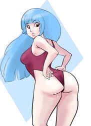 ass ass_focus blue_hair breasts female female_only king_of_fighters kula_diamond long_hair looking_back one-piece_swimsuit pulling_swimsuit snk swimsuit