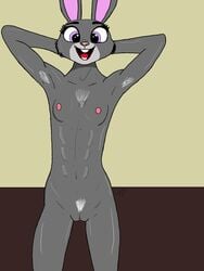 3:4 abs absurd_res armit_hair athletic breasts buckteeth dipstick_ears disney female flat_chest flat_chested fur genitals grey_body grey_fur hi_res judy_hopps lagomorph leporid looking_at_viewer mammal multicolored_ears open_mouth open_smile pink_nose pubes pubic_hair purple_eyes pussy rabbit simple_background skruff smile solo solo_female teeth white_background zootopia