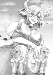 2020 3girls 5_fingers :o age_difference artist_request big_breasts black_and_white black_hair blonde_hair bovid breasts cathyl cathyl_(monster_musume) clothed clothing cow_ears cow_girl cow_horns cowbell crossed_arms eyebrows_visible_through_hair farm female_minotaur happy huge_ass huge_breasts long_ears minotaur monster_musume_no_iru_nichijou multicolored_hair multiple_girls open_eyes open_mouth short_hair simple_background size_difference sky smile taller_girl thick_thighs thighhighs white_hair young younger_female