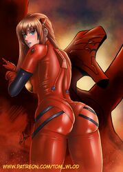 1girls ass asuka_langley_sohryu big_ass blush bodysuit breasts clothing dat_ass female female_only human interface_headset light-skinned_female light_skin long_hair looking_back neon_genesis_evangelion orange_hair pilot_suit plugsuit solo tom_wlod