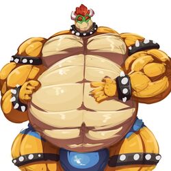 1:1 anthro bara big_bulge big_muscles bobert bowser bulge hi_res horn huge_bulge huge_muscles hyper hyper_bulge hyper_muscles looking_at_viewer male male_only mario_(series) musclegut muscles muscular nintendo simple_background smile video_games white_background yaoi