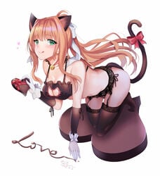 1girls :p animal_ears bangs blush bow bra breasts brown_hair cat_cutout cat_ears cat_keyhole_bra cat_lingerie chocolate cleavage cleavage_cutout dated doki_doki_literature_club female full_body garter_straps gloves green_eyes hair_ornament hairbow heart heart-shaped_pupils kevn large_breasts lingerie long_hair looking_at_viewer monika_(doki_doki_literature_club) simple_background smile solo symbol-shaped_pupils tail thighhighs tongue tongue_out underwear very_long_hair white_background