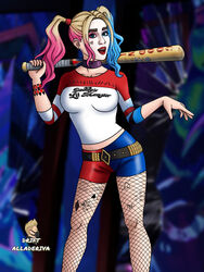 1girls baseball_bat batman_(series) blonde_hair blue_eyes blue_hair booty_shorts choker clothed clothing dc dc_comics drift_alladeriva egirl facepaint female female_only fishnet_stockings fortnite fully_clothed fully_clothed_female harley_quinn harley_quinn_(fortnite) multicolored_hair nonude petite pink_hair pose posing red_lipstick solo suicide_squad tagme twintails