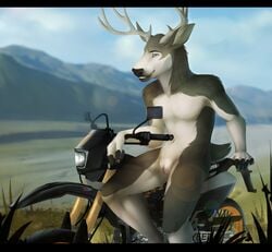 andromorph antlers bottomwear cervid cervine clothing cuntboy detailed_background fur genitals horn intersex jayne_doe mammal miraoff motorcycle nude pussy sitting solo suzuki vehicle