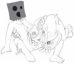 1boy 5_fingers 5_toes anthro arm_guards armor bag_over_head barefoot closed_eyes digimon digimon_(species) digimon_frontier ear_fins erection faceless_male feet fellatio female fins headgear hetero hips hope(n_forever) human marine_humanoid nude oral oral_penetration paper_bag penis ranamon sitting sketch straight sucking testicles