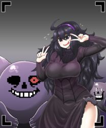 1girls 2019 5:6 ahoge alternate_breast_size ambiguous_gender border breasts clothed clothing crossover double_v dress dress_lift eyebrows_visible_through_hair female floating gengar ghost hair_between_eyes hairband haunter hex_maniac highres human large_breasts larger_female long_hair looking_at_viewer mannungei meme nintendo one_eye open_mouth papyrus pokémon_(species) pokemon pokemon_rgby pokemon_xy purple_clothing purple_dress purple_eyes purple_hair purple_hairband purple_skin recording red_sclera sans scared size_difference smile standing sweat sweatdrop teeth thick_thighs thighs turtleneck undertale unusual_pupils very_long_hair white_eyes