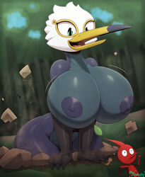 absurd_res anthro anthrofied avian avian_humanoid beak big_breasts black_body black_skin breasts burrowing_snagret claws feathers female female_focus flora_fauna giantess green_eyes grey_body highres huge_breasts hybrid large_breasts macro miso_souperstar multicolored_body nintendo nipples pikmin pikmin_(species) red_pikmin scales smile thick_thighs thighs watermark white_feathers wide_hips yellow_pikmin