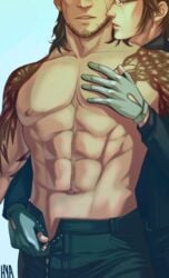 2boys abs facial_hair final_fantasy final_fantasy_xv gay gladiolus_amicitia glasses ignis_scientia male male/male male_focus male_only multiple_boys scar tattoo topless undressing yaoi