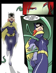 2girls barbara_gordon batgirl batman_(series) comic dc dc_comics dialogue female female_only multiple_girls plant poison_ivy red_hair restrained spaniard83 speech_bubble tentacle vines