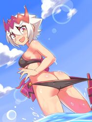 1girls ass_cleavage atruum beach butt_crack cougar1404 dragon dragon_marked_for_death embarrassed empress_(dmfd) inti_creates looking_back ocean outside public red_eyes scar short_hair swimsuit undressed wardrobe_malfunction white_hair