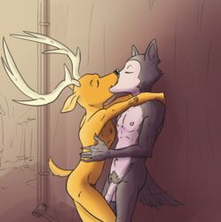 anthro anthro_on_anthro antlers athletic beastars canid canine canis cervid cervine closed_eyes duo ffog french_kissing fur genitals grey_body grey_fur horn humanoid_genitalia humanoid_penis kissing legoshi_(beastars) louis_(beastars) male male/male male_only mammal nude penis pubes red_deer romantic_ambiance romantic_couple standing wolf yellow_body yellow_fur