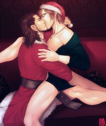 2boys anal christmas costume couch final_fantasy final_fantasy_xv gay gladiolus_amicitia glasses hat ignis_scientia kissing lifting male male/male male_focus male_only multiple_boys sex yaoi