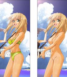 bikini blonde_hair breast excel excel_saga female green_eyes navel nipples nude open_mouth smile