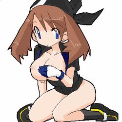 alternate_bandana_color alternate_color bandana black_bandana blue_eyes bottomless breasts brown_hair covering covering_breasts female female_only fingerless_gloves gloves hat human human_only kneeling large_breasts long_hair lowres may_(pokemon) oekaki open_clothes open_shirt pokemon shirt simple_background solo white_background