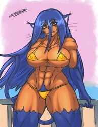 1girls abs beach bikini blue_hair cat_ears cat_tail catgirl eyebrows_visible_through_hair female_only fit fit_female kemonomimi long_hair muscular_female original original_character outside pubic_hair pubic_hair_peek public ryuka slit_pupils smile string_bikini very_long_hair whiskers wickedraiden yellow_eyes