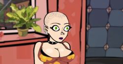 bald big_breasts cleavage germaine green_eyes neurotically_yours piercing screencap