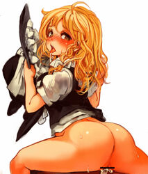 ahe_gao big_butt blonde_hair blush bottomless braid butt censored cum cum_in_pussy cum_inside drooling from_behind hat hat_removed headwear_removed heart heart-shaped_pupils holding holding_hat long_hair looking_back marisa_kirisame nose_blush sachito saliva shiny shiny_skin side_braid simple_background sitting solo spread_legs sweat symbol-shaped_pupils tongue tongue_out touhou white_background witch_hat yellow_eyes