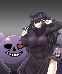 1girls 2019 5:6 ahoge alternate_breast_size ambiguous_gender breasts clothed clothing crossover double_v dress dress_lift eyebrows_visible_through_hair female floating gengar ghost hair_between_eyes hairband haunter hex_maniac highres human large_breasts larger_female long_hair looking_at_viewer mannungei meme nintendo one_eye open_mouth papyrus pokémon_(species) pokemon pokemon_rgby pokemon_xy purple_clothing purple_dress purple_eyes purple_hair purple_hairband purple_skin red_sclera sans scared size_difference smile standing sweat sweatdrop teeth thick_thighs thighs turtleneck undertale unusual_pupils very_long_hair white_eyes