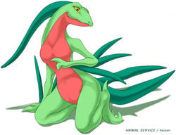 anthro biped black_pupils breasts color countershading featureless_breasts featureless_crotch feet female female_only green_body green_feet green_skin grovyle haison kneeling long_neck multicolored_body multicolored_skin no_sclera non-mammal_breasts nude plantigrade pokemon pokemon_rse pokemorph pupils raised_arm red_body red_countershading red_skin shadow simple_background snout solo two_tone_body two_tone_skin video_games white_background yellow_eyes