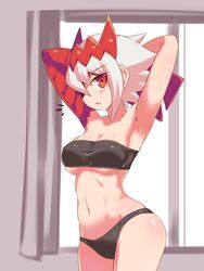 1girls blush cougar1404 dragon_marked_for_death empress_(dmfd) female_only fit fit_female hair_ornament inti_creates looking_at_viewer medium_breasts red_eyes scar stretching surprised underwear white_hair