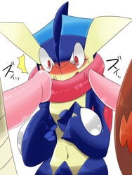 2014 achi ambiguous_gender amphibian anthro blush chesnaught erection excadrill eyelashes frog greninja japanese japanese_text male navel ninja nintendo open_mouth penis pokemon pokemon_(species) standing stare sweat text tongue tongue_out video_games webbed_hands