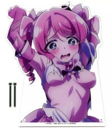 1girls acrylic areolae blush drill_hair embarrassed hanabishi_haruka magia_magenta mahou_shoujo_ni_akogarete nipples official_art pink_hair twintails white_background