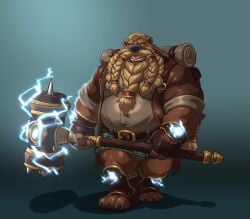 anthro backpack balls balls_outline barazoku bear beard beer_belly belly belt biceps big_belly big_muscles big_pecs blonde_beard blonde_facial_hair blonde_hair blonde_mustache blonde_sideburns blue_eyes boots bottomwear braided_beard braided_hair brown_belt brown_body brown_boots brown_clothing brown_footwear brown_fur brown_gloves brown_handwear brown_jacket brown_topwear bulge clothing detailed_bulge dwarf electricity exposed_balls facial_hair fighting_pose fingerless_gloves footwear fur genital_outline genitals gloves green_clothing green_kilt grey_background hair hammer handwear jacket kilt magniursus male mammal manly mature_anthro mature_male moustache musclegut muscular muscular_anthro muscular_arms muscular_male muscular_thighs pattern_clothing pecs plaid plaid_clothing plaid_kilt pose shadow shirt shoes sideburns simple_background solo standing thick_arms thick_thighs tight_clothing tight_jacket tight_shirt tight_topwear toeless_boots toeless_footwear tools topwear tough_guy ursine warrior white_clothing white_shirt white_topwear