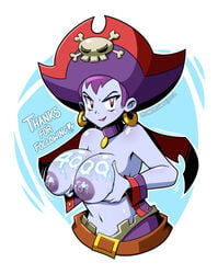 1girls areolae big_breasts breasts english_text female female_only hair hat large_breasts linkerlewds nipples pirate_hat purple_hair risky_boots shantae smooth_skin solo text video_games