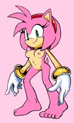 absurd_res amy_rose bonnet bracelet breasts clothing eulipotyphlan feet female gloves gradient_background hair handwear headgear headwear hedgehog hi_res jewelry mammal nipples nude pink_body randomguy999 sega short_hair simple_background smile solo sonic_(series) sonic_the_hedgehog_(series) standing tail