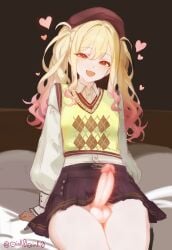 1girl :d absurdres arm_support belt beret black_belt blonde_hair blush breasts brown_hat censored collared_shirt commentary cowboy_shot english_commentary erection futanari grey_shirt hair_between_eyes half-closed_eyes hat heart heart-shaped_pupils highres long_hair long_sidelocks long_sleeves looking_at_viewer miniskirt mosaic_censoring nail_polish official_alternate_costume oink_(oinkoinkoi) on_bed open_mouth penis pink_eyes pink_hair pleated_skirt project_sekai puffy_long_sleeves puffy_sleeves shirt sidelocks sitting skirt small_breasts smile solo sweater_vest symbol-shaped_pupils tenma_saki testicles thighs twintails twitter_username v-neck yellow_sweater_vest