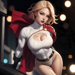 1girls ai_generated arm_support bare_legs belt big_breasts black_belt black_gloves blonde_female blonde_hair blue_eyes breasts cape cleavage cleavage_cutout closed_mouth dc dc_comics expressionless female_only female_solo gloves head_tilt justice_society_of_america karen_starr legs leotard lips lipstick looking_at_viewer makeup mound_of_venus neck power_girl red_cape red_lipstick serious sghero1234 short_hair solo_female standing superman/batman:_public_enemies thighs turtleneck turtleneck_leotard white_leotard