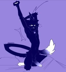 anthro balls bedding bell blanket bubble closed_eyes domestic_cat erection felid feline felis femboy fluffy foreskin fur genitals glowing glowing_body glowing_fur glowing_genitalia glowing_penis hi_res male mammal morning_wood nerunaur noir_(noirzvault) nude paws penis purple_body purple_fur skinny slim small_waist solo stretching stretching_arms tail unretracted_foreskin waking_up white_body white_fur