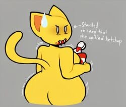 animal_jam anthro back_view big_ass big_breasts cat_ears cat_tail feline female ketchup looking_back scared_expression startled tail text yellow_fur yellow_skin