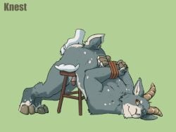 4:3 animated anthro arms_tied_behind_back bent_over blush bovid butt butt_rub caprine furniture gay genitals goat hi_res hoof_hands hooves horn knest looking_back male mammal penis short_tail smile solo spots stool tail tail_motion tailwag thesphur_(thesphur)