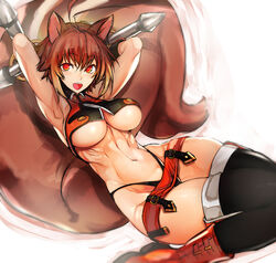 1girls abs armpits artist_request ass bangs barely_clothed barely_contained blazblue boots brown_eyes brown_hair clothed clothed_female clothes clothing collar crotch female fit_female gloves gradient_background hair hair_between_eyes highleg_panties highres large_breasts large_tail looking_at_viewer makoto_nanaya minishorts navel open_mouth raised_arm raised_arms shiny_skin short_hair sideboob squirrel squirrel_ears squirrel_tail stomach tail thick_thighs thighhighs thighs thong tonfa underboob weapon weapon_over_shoulder white_background