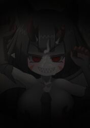 1boy 1girls arms_up boobs breasts cock dick eyebrows_visible_through_hair gargoyle gargoyle_girl_(mon-musu_quest!) genitals gint=ktouka mon-musu_quest! monster_girl_quest nipples no_bra penis red_eyes red_eyes_female sharp_teeth teeth tits