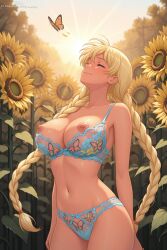 ai_generated blonde_hair boobs_out braided_hair butterfly everlasting_summer female lingerie slavya_(everlasting_summer) sunflower