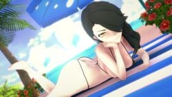 1girls amber_eyes black_hair black_hair_female cinder_fall hair_over_one_eye half-dressed half_naked half_naked_female logang45 long_hair long_hair_female rwby solo_female