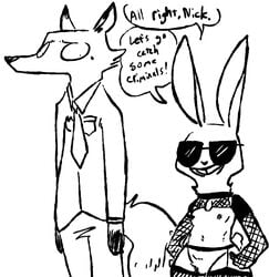 2020 anthro barely_visible_genitalia barely_visible_pussy black_and_white breasts canid canine clothed clothing dialogue disney duo english_text eyewear female fishnet flat_chest fox fully_clothed fur genitals glasses judy_hopps lagomorph leporid male mammal monochrome mostly_nude nick_wilde nipples pussy rabbit red_fox simple_background sketch speech_bubble standing sunglasses text the_weaver white_background zootopia